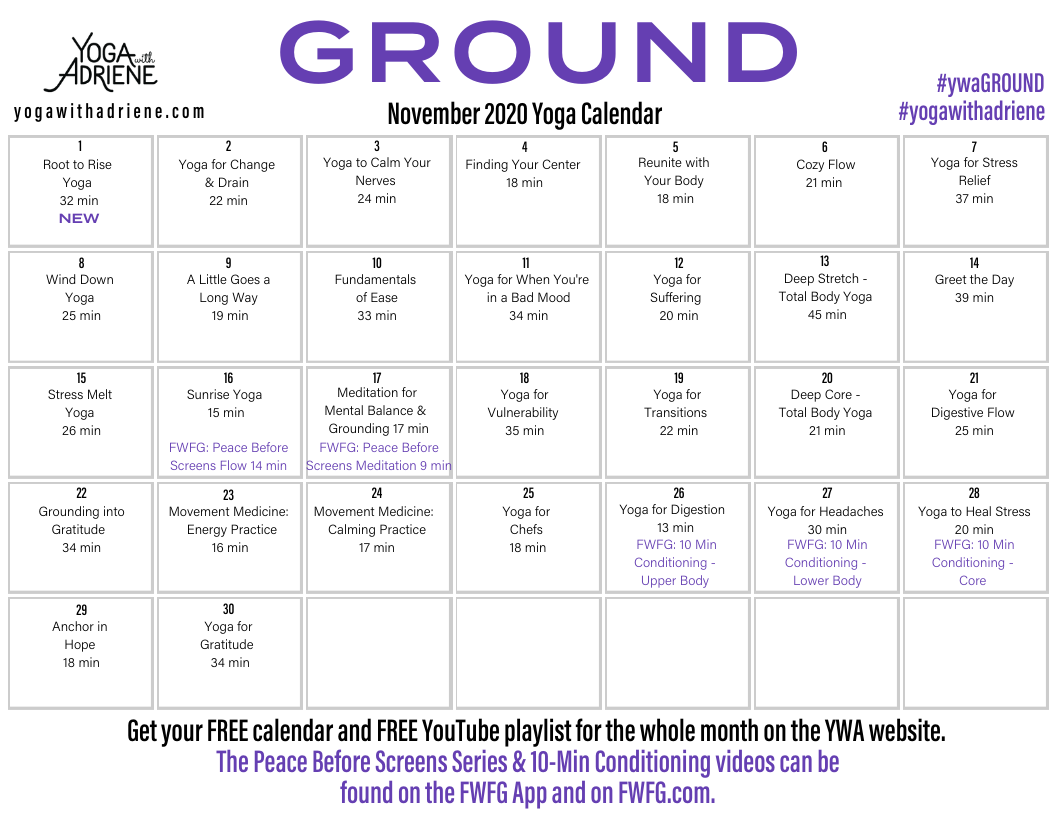 November 2020 Yoga Calendar Ground Yoga With Adriene