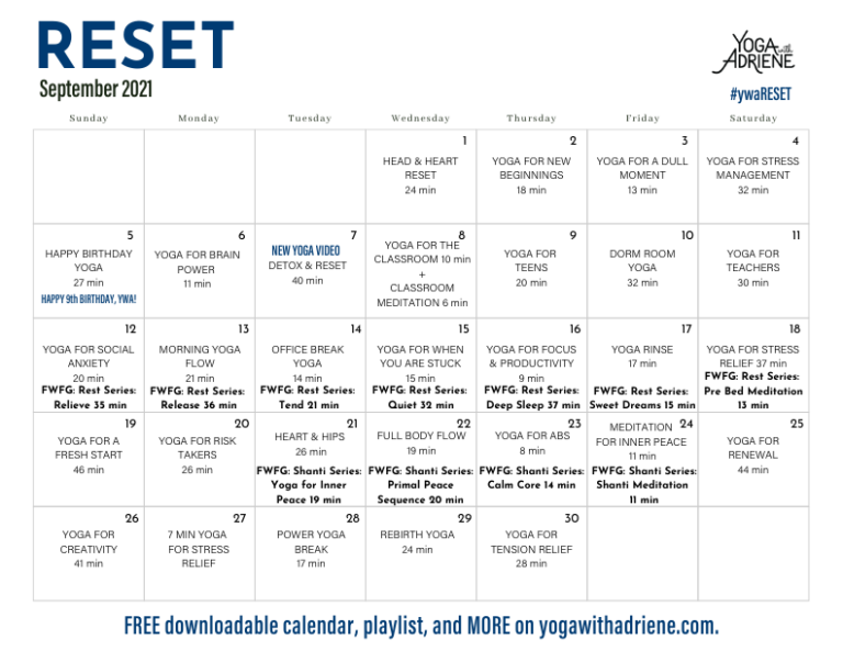 Sept. 2021 yoga calendar - YWA blog | Yoga With Adriene