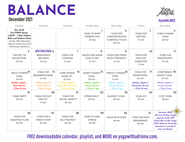 BALANCE - December 2021 yoga calendar (792 x 612 px) | Yoga With Adriene
