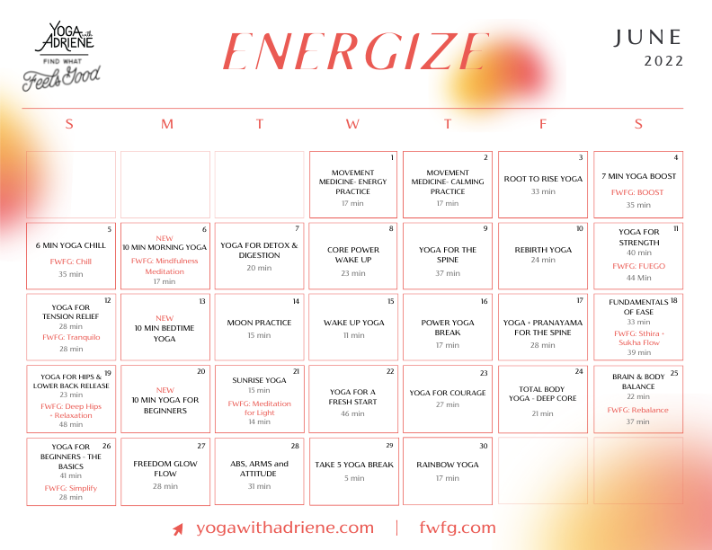 JUNE 2022 YOGA CALENDAR ENERGIZE (792 × 612 px) Yoga With Adriene