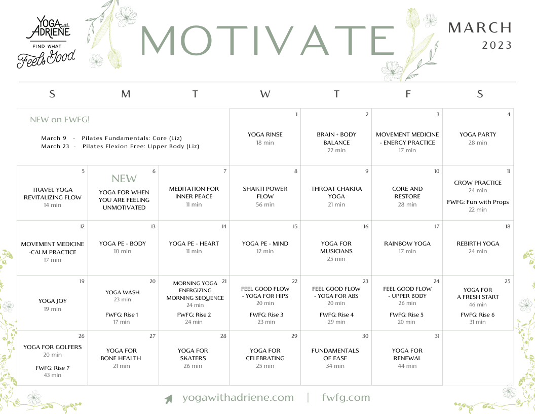 YWA Version March 2023 Yoga Calendar | Yoga With Adriene