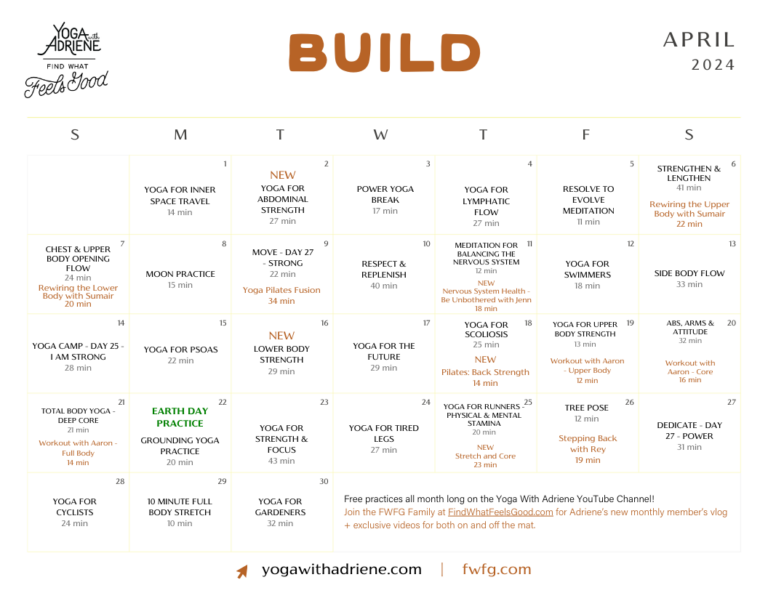 YWA April 2024 YOGA CALENDAR Build Yoga With Adriene